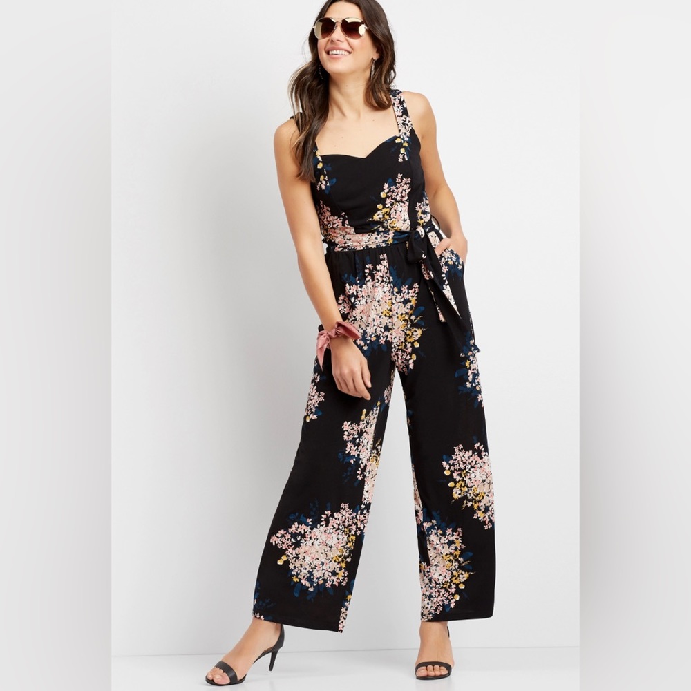Black Floral Tank Top jumpsuit Romper NO Belt Overalls by Maurices Size XS